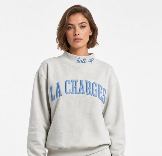 LA CHARGERS,Bolt Up Appliqué Embroidered Mockneck | Oversized Fit