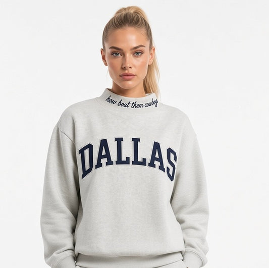 DALLAS ,How Bout Them Cowboys Applique Embroidered Mockneck | Oversized Fit
