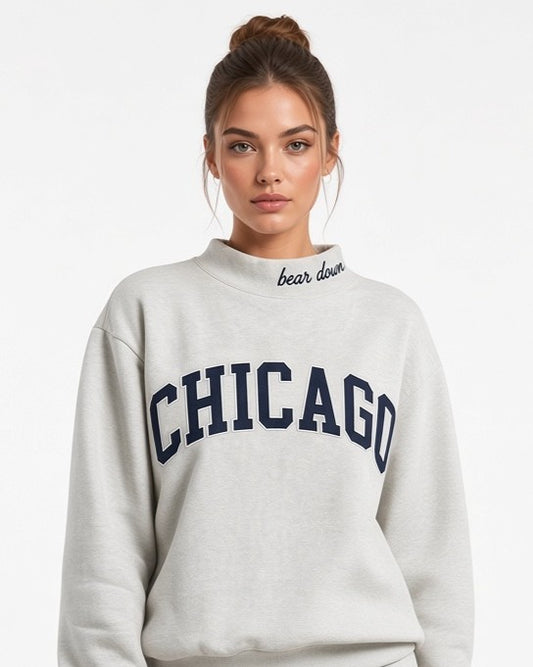 CHICAGO,Bear Down Applique Embroidered Mockneck | Oversized Fit