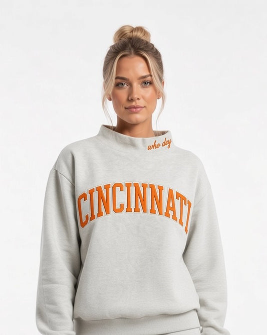 CINCINNATI,Who Dey Applique Embroidered Mockneck | Oversized Fit