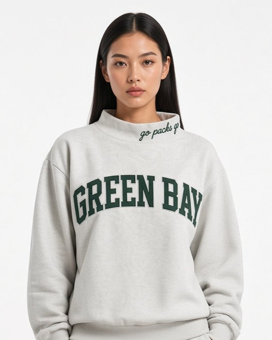 GREEN BAY,Go Pack Go Appliqué Embroidered Mockneck | Oversized Fit