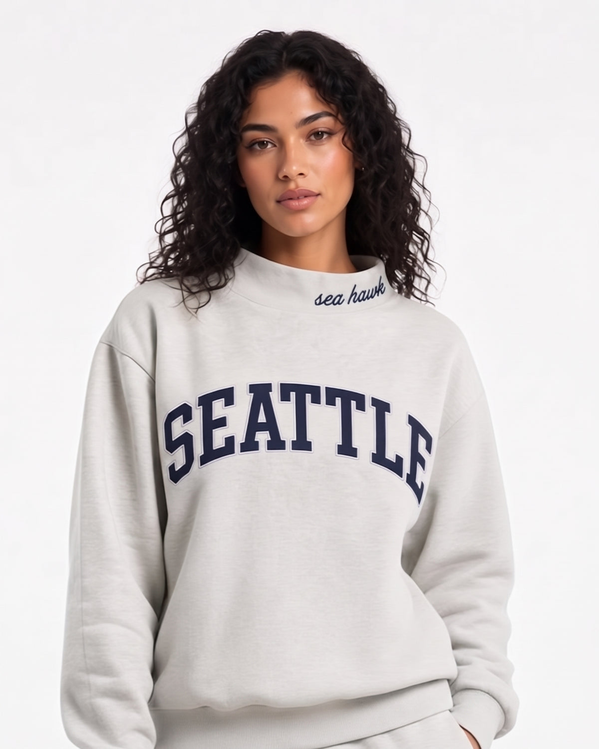 SEATTLE,Sea Hawk Appliqué Embroidered Mockneck | Oversized Fit