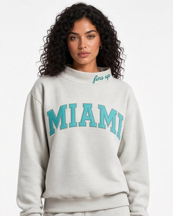 MIAMI,Fins Up Appliqué Embroidered Mockneck | Oversized Fit