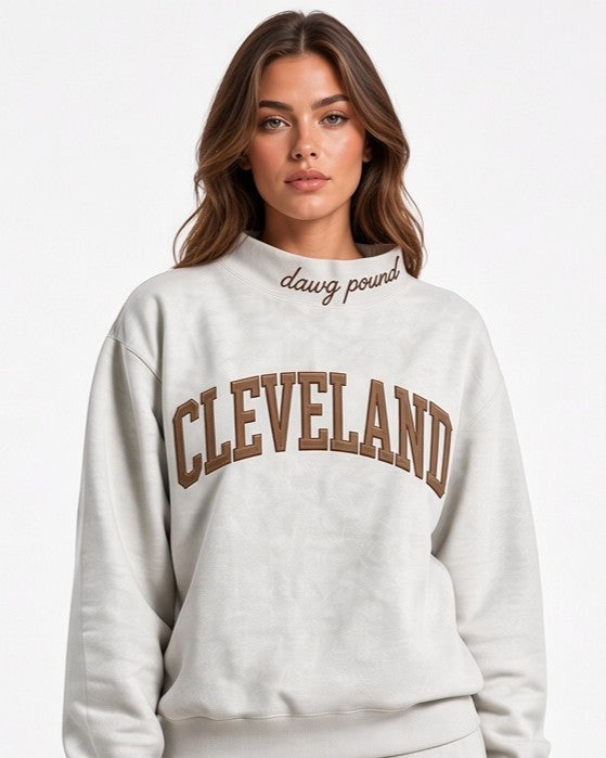CLEVELAND,Dawg Pound Appliqué Embroidered Mockneck | Oversized Fit