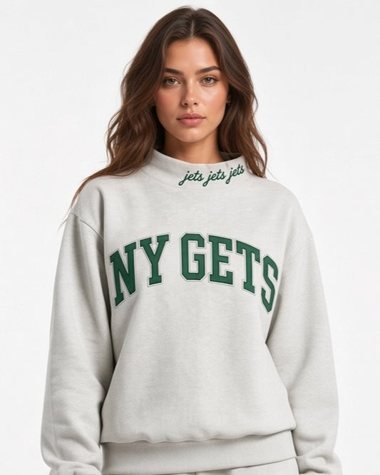 NY JETS,Jets Jets Jets Appliqué Embroidered Mockneck | Oversized Fit
