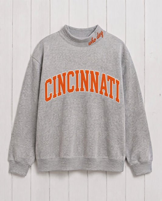 CINCINNATI,Who Dey Applique Embroidered Mockneck | Oversized Fit